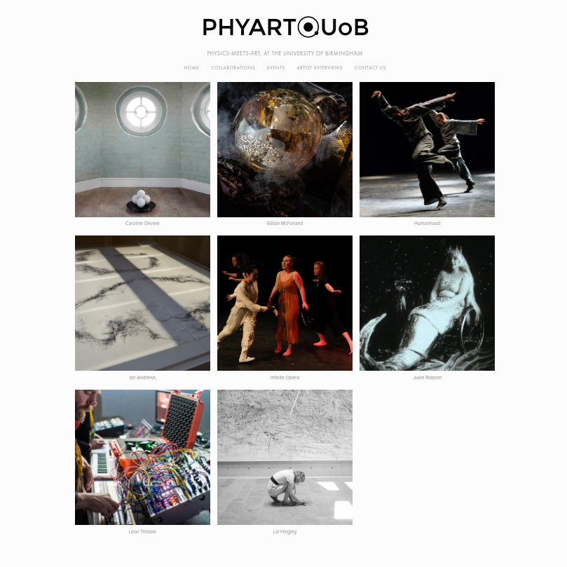 Collaboration pages of PHYART@UoB website, showing the gallery of collaborators.